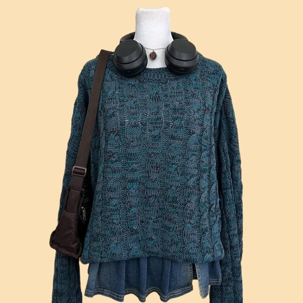 vintage 90s teal and gray indie skater grunge chunky oversized cable knit sweate